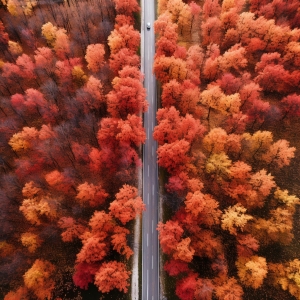 春夏秋冬水平的公路路边两排淡绿的树木和花充满春天的气息俯视图19